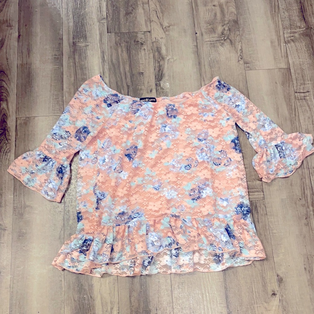 Light Pink lace blouse with blue details